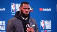 Cleveland Cavaliers forward LeBron James (23) speaks to media following game two of the 2018 NBA Finals at Oracle Arena. Kelley L Cox
