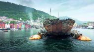 The ship used by Norwegian polar explorer Roald Amundsen upon its arrival at the port of Bergen in western Norway after completing its journey around the North Pole 100 years after her chaotic expedition started. AFP / NTB scanpix / Jan Wanggaard
 