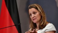 Canadian Foreign Minister Chrystia Freeland addresses ambassadors as she speaks during the opening of an ambassadors' conference on August 27, 2018 at the Foreign Ministry in Berlin. (AFP / John MACDOUGALL)