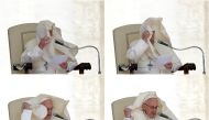 A combination photo shows a gust of wind blowing the mantle Pope Francis during the Wednesday general audience in Saint Peters square at the Vatican, May 16, 2018. (Reuters / Max Rossi) 