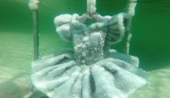 One of Israeli artist Sigalit Landau's pieces, a ballerina's tutu covered in salt crystal formations, is seen submerged in the hyper-saline waters of the Dead Sea, Israel August 30, 2018, in this still image taken from a video. REUTERS TV/ via REUTERS