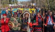 Indigenous leaders and environmentalists march in protest against Morgan's Trans Mountain pipeline in southern British Columbia, in Burnaby, British Columbia, Canada March 10, 2018. Reuters/Nick Didlick