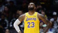 Los Angeles Lakers forward LeBron James (23) looks on during the first quarter against the Denver Nuggets at Valley View Casino Center.  Orlando Ramirez