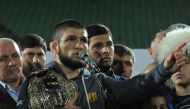 Russia's Khabib Nurmagomedov, UFC lightweight champion who defeated Conor McGregor of Ireland in the main event of UFC 229, speaks during the ceremony of honouring him at Anzhi Arena in Kaspiysk, a city in the republic of Dagestan, Russia October 8, 2018.