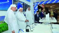 Nabil Abu Issa, Vice Chairman of Abu Issa Holding, Andrew Shin, President of Samsung Gulf Electronics, Sheikh Nasser bin Hamad Al Thani, Chairman of HBK Holdings, and Ashraf Abu Issa, Chairman of Abu Issa Holdings, with other officials during the opening 