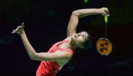 Sindhu Pusarla of India hits a return against He Bingjiao of China during their women's singles quarter-final match at the China Open 2018 Badminton Championships in Fuzhou, in China's eastern Fujian province on November 9, 2018. China OUT / AFP / STR