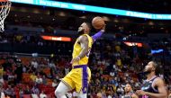 Los Angeles Lakers forward LeBron James (23) dunks beside Miami Heat forward Justise Winslow (20) during the first half at American Airlines Arena. Credit: Steve Mitchell