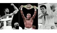 (L to R) US heavy weight boxing champion George Foreman (L) during the weigh-in before the heavy weight world championship in Kinshasa on October 29, 1974, WBC Super Featherweight Champion Floyd Mayweather (C) holding up his belt after beating Diego Corra