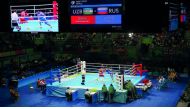 A boxing bout in progress at the Riocentro in Rio de Janeiro during the 2016 Olympic Games.