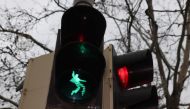 A pedestrian traffic light customized with a dancing Elvis Presley is pictured in Friedberg, western Germany, on December 7, 2018.  AFP / Yann Schreiber 