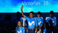 Team Movistar's Colombian cyclist Nairo Quintana waves during the presentation of Spain's Movistar Team 2019 on December 18, 2018 in Madrid. AFP / Oscar Del Pozo