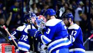 Columbus Blue Jackets goaltender Sergei Bobrovsky (72) celebrates with teammates after defeating the Vegas Golden Knights at Nationwide Arena. Credit: Aaron Doster-USA TODAY Sports