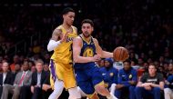 Klay Thompson #11 of the Golden State Warriors drives on Kyle Kuzma #0 of the Los Angeles Lakers during a 130-111 Warriors win at Staples Center on January 21, 2019 in Los Angeles, California. Harry How/Getty Images/AFP