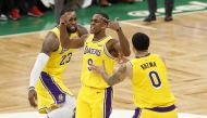 Los Angeles Lakers guard Rajon Rondo (9) reacts after making a game winning basket against the Boston Celtics in the fourth quarter at TD Garden. The Lakers defeated the Celtics 129-128. Mandatory Credit: David Butler II-USA TODAY Sports