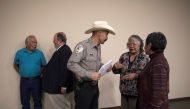 Cibola County Sheriff Tony Mace speaks to the county commissioners after the meeting adjourned following the passing of the Second Amendment Sanctuary status in Grants, New Mexico, US, February 28, 2019.  Reuters/Adria Malcolm