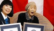 116-year-old Japanese woman Kane Tanaka celebrates during a ceremony to recognise her as the world's oldest person living and world's oldest woman living by the Guinness World Records in Fukuoka, Japan March 9, 2019. Kyodo/via REUTERS