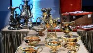 A view of pieces of the treasure once belonged to the Narshykin aristocratic family, which was discovered in 2012 during a restoration of an 18th century mansion in Saint Petersburg, during a media event at the Tsarskoye Selo palace museum in Pushkin on M