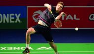 Denmark's badminton player Viktor Axelsen plays a return against Thailand badminton player Suppanyu Avihingsanon during the men's singles second round badminton match at the Yonex-Sunrise India Open 2019 in New Delhi on March 28, 2019. AFP / Sajjad Hussai