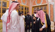 Saudi King Salman his son Crown Prince Mohammed bin Salman meeting with family members of slain journalist Jamal Khashoggi in Riyadh on October 23, 2018 . AFP /Saudi Press Agency