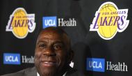 Magic Johnson reacts as he speaks to the press resigning as Los Angeles Lakers President of Basketball Operations before the game against the Portland Trail Blazers at Staples Center on April 09, 2019 in Los Angeles, California. Harry How/AFP 