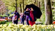 People visit the Keukenhof, one of the world's largest flower and tulip garden in Lisse, Netherlands on April 18, 2019. (Abdullah A??ran/Anadolu Agency)