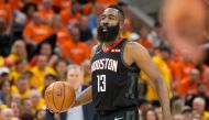 Houston Rockets guard James Harden (13) dribbles up the court during the second half of game three of the first round of the 2019 NBA Playoffs against the Utah Jazz at Vivant Smart Home Arena. Russ Isabella