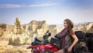 Canadian tourist Rosie Gabrielle  on her motorbike during a trip in the southwestern Balochistan province in Pakistan on March 18, 2019. AFP / handout photo/ Rosie Gabrielle