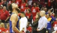 Golden State Warriors guard Stephen Curry (30) reacts after defeating the Houston Rockets in game six of the second round of the 2019 NBA Playoffs at Toyota Center. Thomas B. Shea-USA TODAY Sports