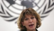 FILE PHOTO: Agnes Callamard, the U.N. special investigator on extrajudicial, summary or arbitrary executions, speaks to reporters in San Salvador, El Salvador, February 5, 2018. REUTERS/Jose Cabezas/File Photo