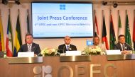 Russian Energy Minister Aleksandr Novak, OPEC President Manuel Quevedo, Secretary General of OPEC, Mohammed Barkindo attend joint press conference within 6th OPEC and non-OPEC Ministerial Meeting in Vienna, Austria on July 2, 2019. (A?k?n K?ya?an/Anadolu 