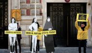 FILE PHOTO: Demonstrators from Amnesty International stage the protest on International Women's day to urge Saudi authorities to release jailed women's rights activists Loujain al-Hathloul, Eman al-Nafjan and Aziza al-Yousef outside the Saudi Arabian Emba