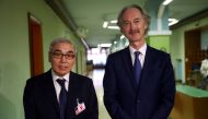 Chinese Special Envoy Xie Xiaoyan and U.N. Special Envoy Geir Pedersen talk to reporters after a meeting at the United nations in Geneva, Switzerland August 20, 2019. REUTERS/Denis Balibouse