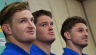 New Zealand's Barrett brothers Jordie (L), Scott (C) and Beauden (R) attend a press conference in Beppu on September 25, 2019, during the Japan 2019 Rugby World Cup. / AFP / Christophe SIMON