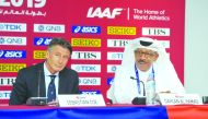 Dahlan Al Hamad (right), Director-General of the Local Organising Committee and Vice-President of the IAAF and Lord Sebastian Coe, IAAF President addressing the media during a press conference held in Doha yesterday. Picture: Abdul Basit / The Peninsula