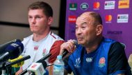 England's coach Eddie Jones (R) and fly-half Owen Farrell (L) answer questions from the media after the team announcement in Tokyo on October 3, 2019, two days ahead of England's Japan 2019 Rugby World Cup Pool D match against Argentina. / AFP / William W