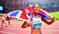 Great Britain’s Katarina Johnson-Thompson celebrates after winning the gold medal in the women’s heptathlon on Thursday.