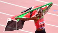 Kenya’s Hellen Obiri celebrates after winning the women’s 5,000m final yesterday.