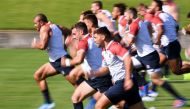 England rugby players take part in a training session during the Japan 2019 Rugby World Cup, in Tokyo on October 9, 2019. / AFP / William WEST