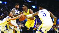  Kostas Antetokounmpo #37 of the Los Angeles Lakers goes up for a shot against Stephen Curry #30, Marquese Chriss #32 and D'Angelo Russell #0 of the Golden State Warriors at Chase Center on October 18, 2019 in San Francisco, California. Ezra Shaw/Getty Im