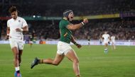 South Africa's Cheslin Kolbe celebrates scoring their second try. REUTERS/Peter Cziborra 