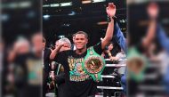 Devin Haney in the ring after defeating Alfredo Santiago-Alvarez (green shorts) in their WBC World Lightweight Championship fight at Staples Center on November 9, 2019 in Los Angeles, California. Haney won by unanimous decision. Jayne Kamin-Oncea/Getty Im