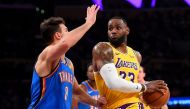 Nov 19, 2019; Los Angeles, CA, USA; Oklahoma City Thunder forward Danilo Gallinari (8) guards Los Angeles Lakers forward LeBron James (23) as he drives to the basket in the second half of the game at Staples Center. Mandatory Credit: Jayne Kamin-Oncea-USA