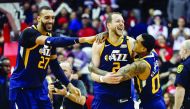 Utah Jazz guard Joe Ingles (2) celebrates with center Rudy Gobert (27) and guard Jordan Clarkson (00) after the Jazz defeated the Houston Rockets at Toyota Center. Credit: Troy Taormina-USA TODAY Sports