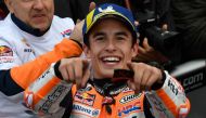  In this file photo taken on November 17, 2019 Repsol Honda Team's Spanish rider Marc Marquez celebrates after winning the MotoGP race of the MotoGP Valencia Grand Prix at the Ricardo Tormo racetrack in Cheste near Valencia, on November 17, 2019. / AFP / 