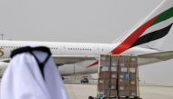 Tonnes of medical equipment and coronavirus testing kits provided by the World Health Organisation are pictured at the Al-Maktum International airport in Dubai on March 2, 2020 as it is prepared to be delivered to Iran with a United Arab Emirates military