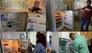 (COMBO) This combination of pictures created on June 22, 2020 shows Lebanese citizens, across the country, displaying the content of their refrigerators. Lebanon's economic crisis has led to a collapse of the local currency and purchasing power, plunging 