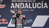 Petronas Yamaha SRT's French rider Fabio Quartararo celebrates on the podium after winning the MotoGP race during the Andalucia Grand Prix at the Jerez race track in Jerez de la Frontera on July 26, 2020. / AFP / JAVIER SORIANO