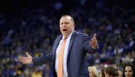 In this file photo taken on November 8 2017, Head coach Tom Thibodeau of the Minnesota Timberwolves reacts during their game against the Golden State Warriors at ORACLE Arena in Oakland, California. The New York Knicks are putting the final touches on a d