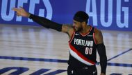 Portland Trail Blazers celebrates a three point shot against the Memphis Grizzlies during the fourth quarter in the Western Conference play-in game one at The Field House. Kevin C. Cox/Pool Photo