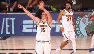 Denver Nuggets center Nikola Jokic (15) celebrates after defeating the Los Angeles Clippers in game seven of the second round of the 2020 NBA Playoffs at ESPN Wide World of Sports Complex. Kim Klement